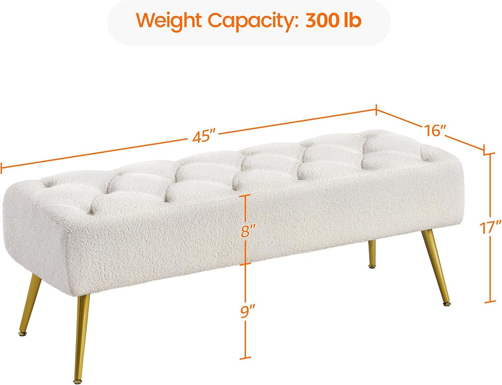 45in Boucle Ottoman Bench End of Bed, Ivory | Tufted Upholstered Bench Seat, Bed Bench with Tapered Gold Metal Legs
