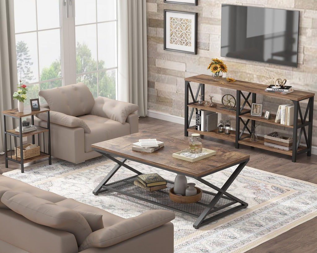 Rustic Coffee Table with Storage, Industrial Wood Metal 2 Tier Center Living Room Table with Mesh Shelf