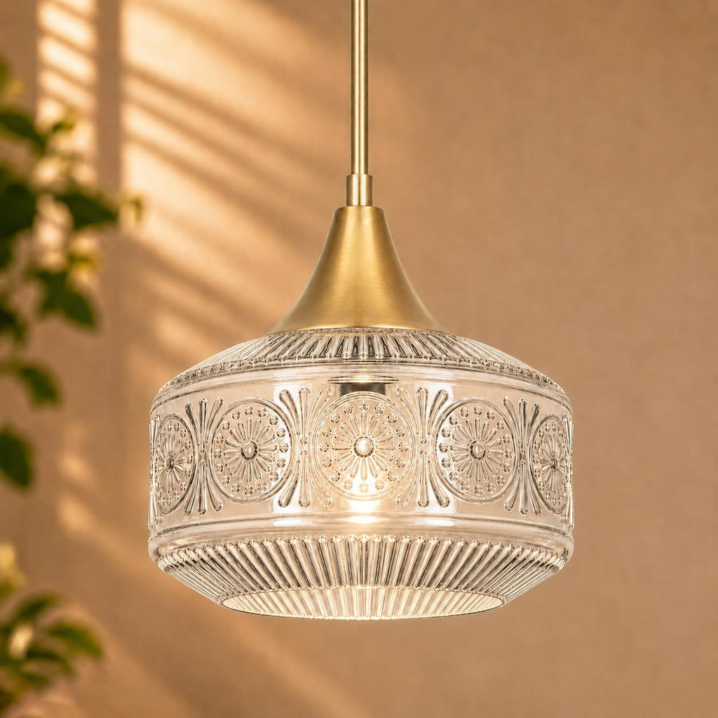Vintage Gold Pendant Light with Clear Glass, Adjustable Kitchen Pendant Lighting over Island, Brushed Pendant Lights