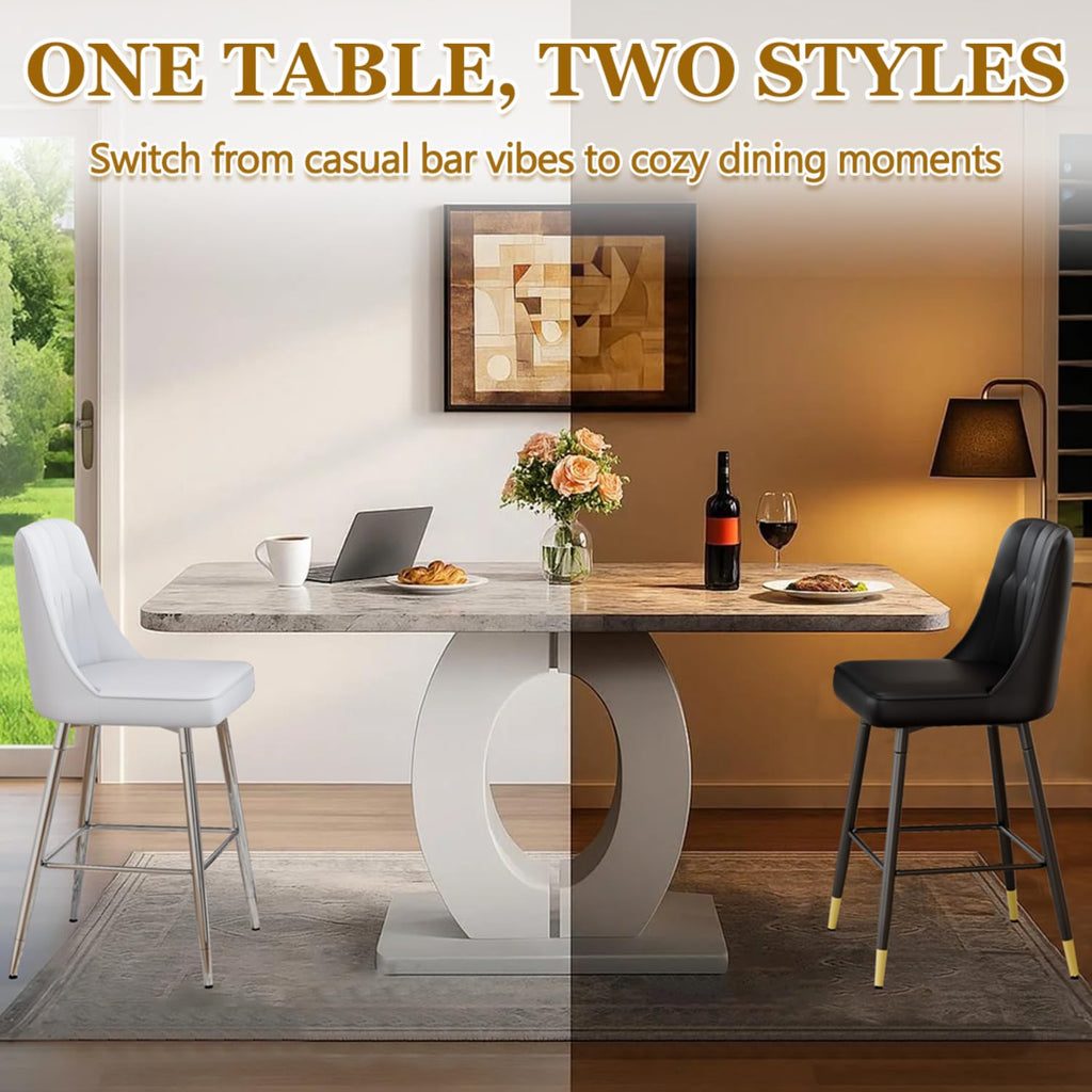 63'' Marble Dining Table Set for 6, Modern Counter Height Dining Table Set, Grey High Top Table with Leather Bar