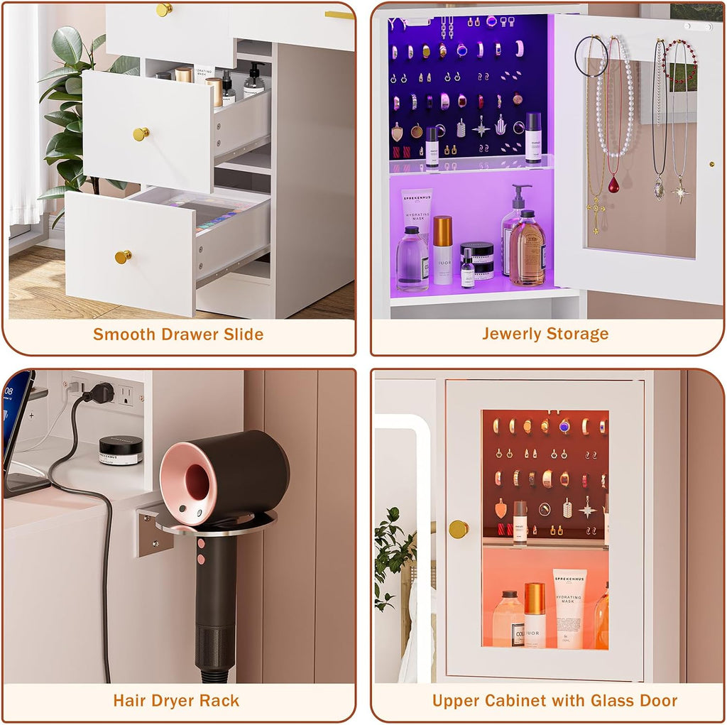 White Makeup Vanity Desk with Mirror and LED Lights,Large Make Up Vanity Table with Lighted Mirror 7 Drawers,Modern