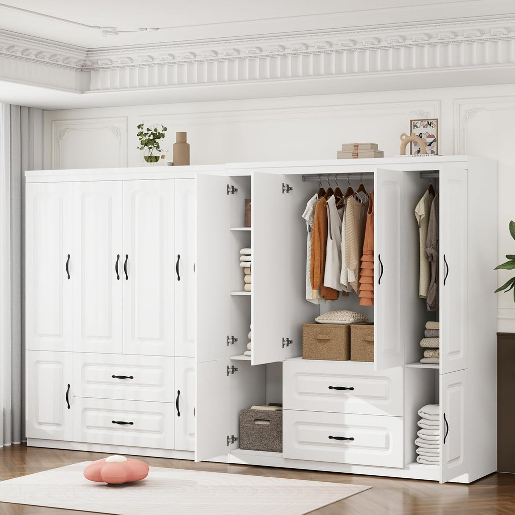 Large Capacity Wardrobe Closet with 2 Drawers White | Spacious Storage Cabinet Organizer , White Armoire Fits Most