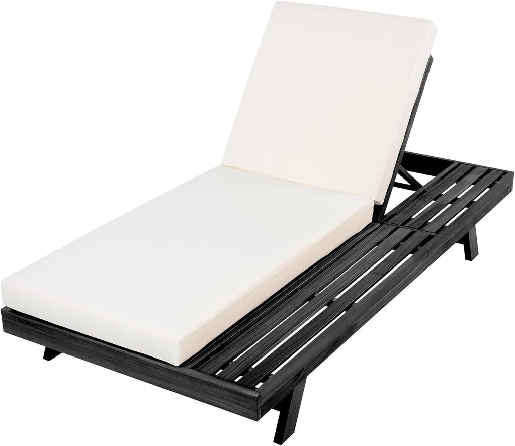 Patio Chaise Lounge Chair Outdoor with 4-Thick Cushion, Acacia Wood Poolside Sun Lounger with Space Available On