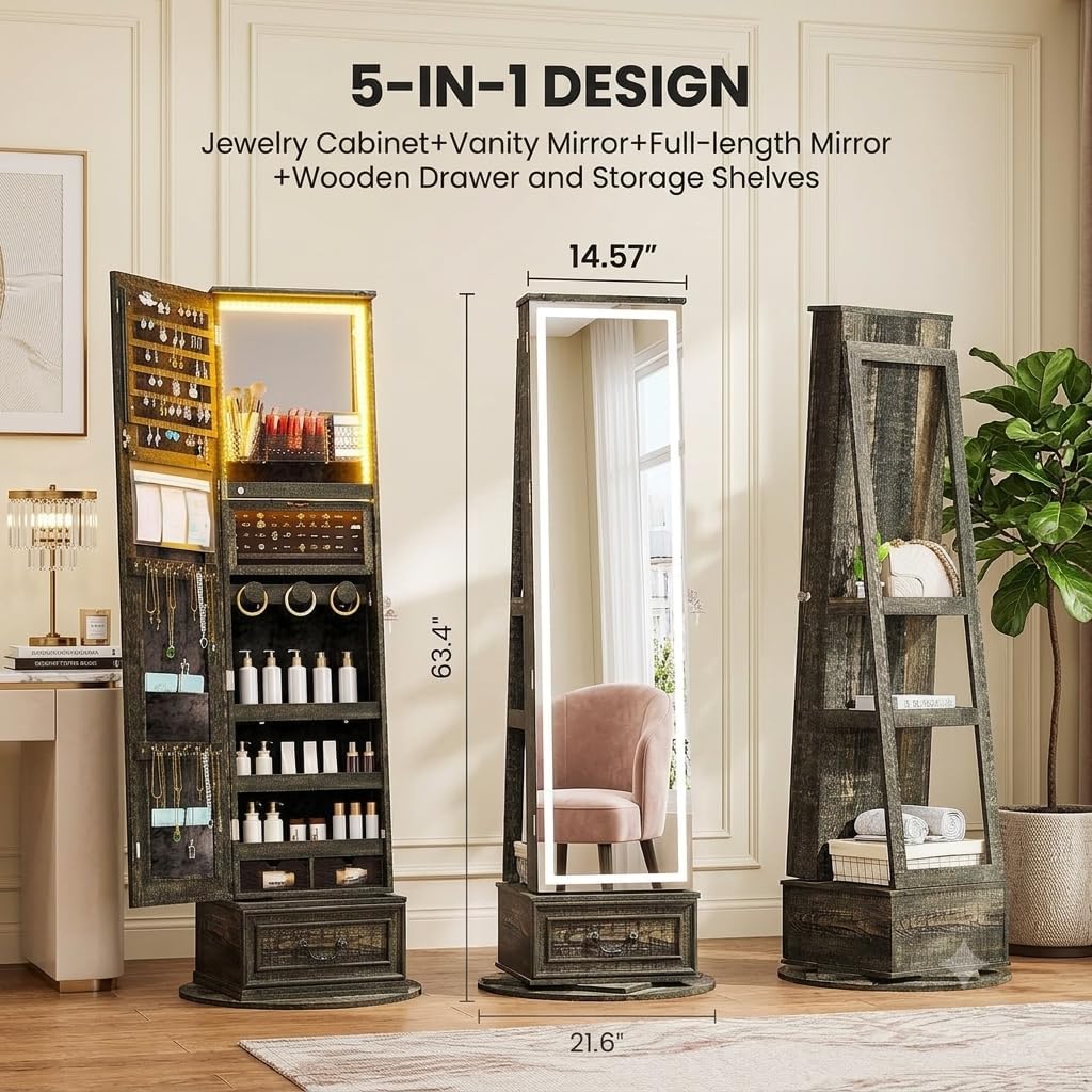 LED Mirror Jewelry Cabinet Standing, 360°Swivel Jewelry Armoire with Full Length Mirror, Mirror with Jewelry Storage