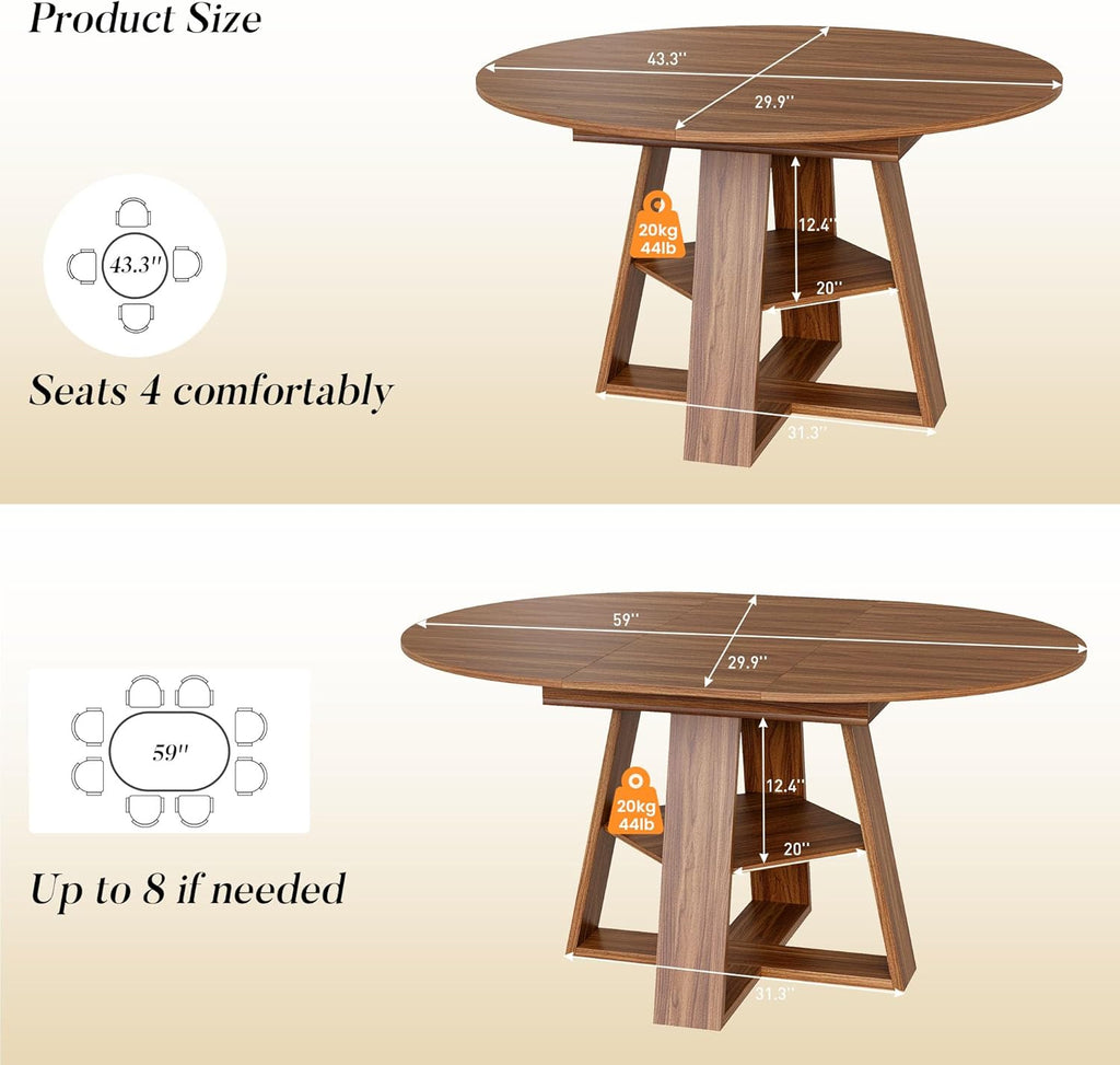 43.3in-59in Extendable Round Dining Table for 4-8 People, Modern Oval Kitchen Table with Storage Shelf & Removable