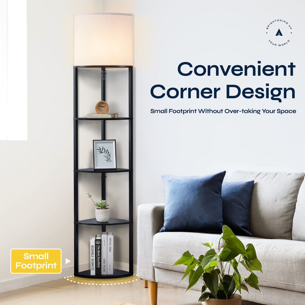 Corner Floor Lamp with Shelves - Tall Corner Lamp with Pull Chain Switch - Modern Floor Lamp, or Office Alvis Edge