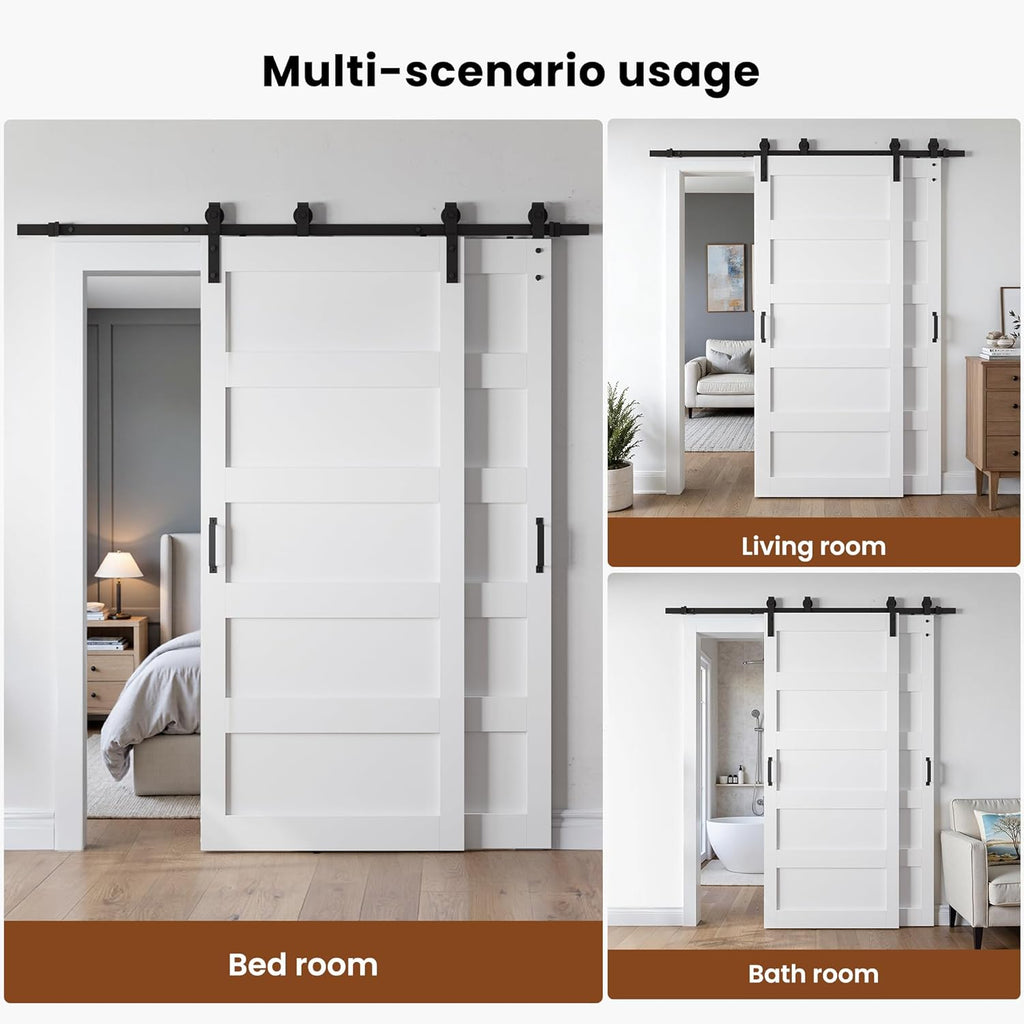 30x84 Inch White Double Barn Door Set - 5-Panel MDF Sliding Doors with 6FT Bypass Barn Door Hardware