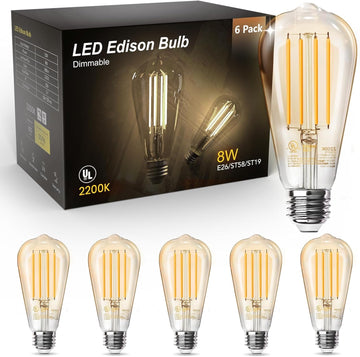 6 Pack Vintage 8W ST58 LED Edison Amber Light Bulbs, 60W Equivalent, 800 Lumens, 2200K Soft White, Dimmable, E26 Base