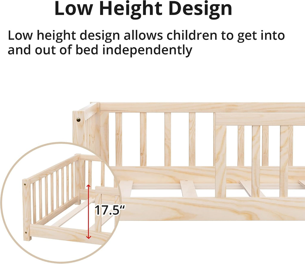 Twin Floor Bed for Kids Solid Wood Montessori Bed Frame with Safety Guardrails Multifunctional Montessori Floor Bed