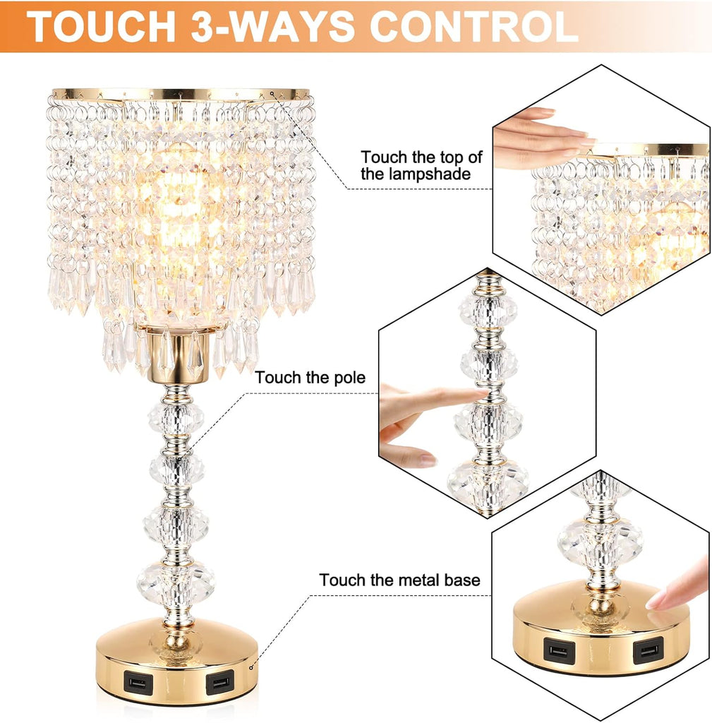 Crystal Table Bedside Lamp Touch Control, 3-Way Dimmable Small Nightstand Lamp with 2 USB Charging Ports