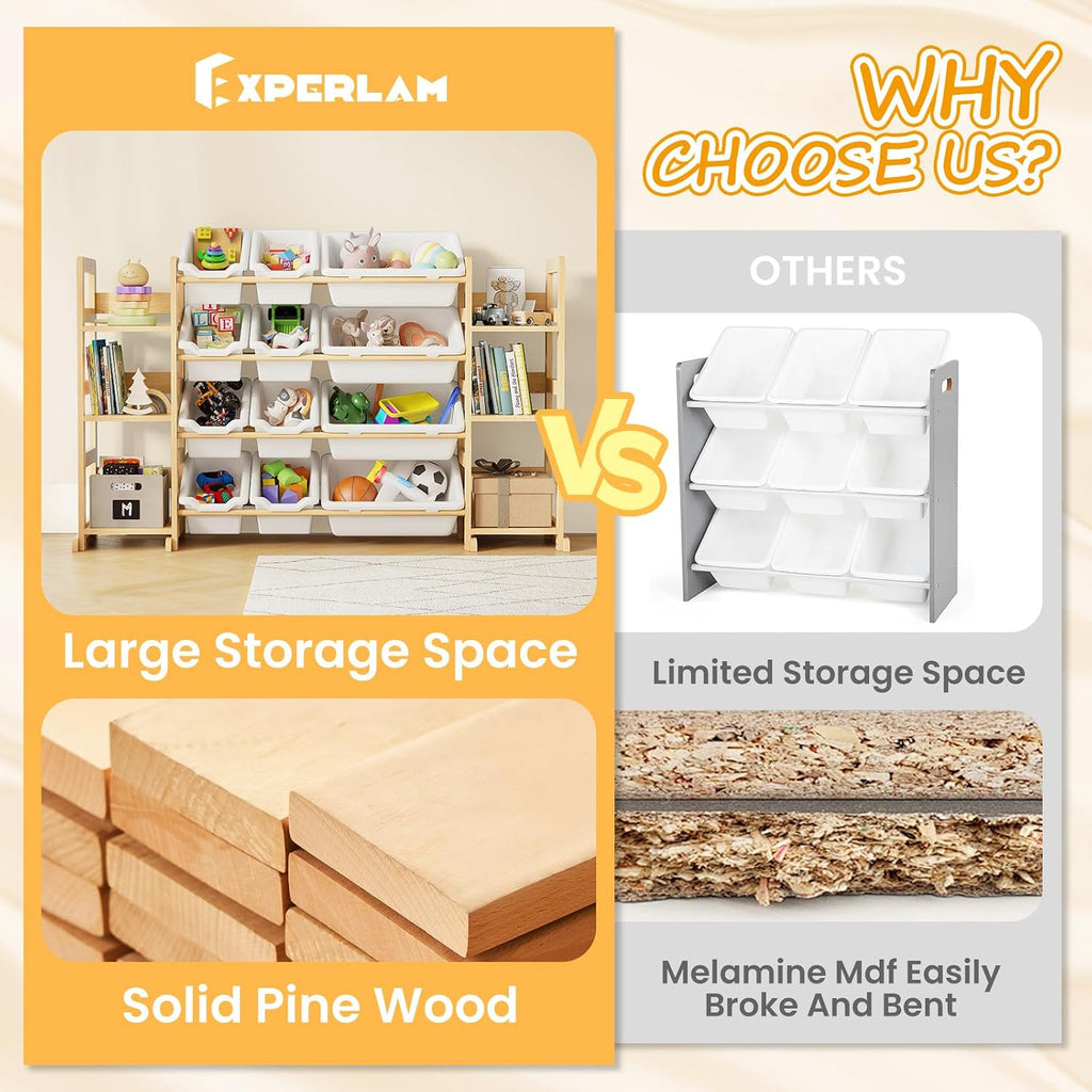 Extra Large Toy Storage - Toy Storage Organizer, Wooden Toy Organizer with 6 Side Shelves and 12 Bins, 3-in-1