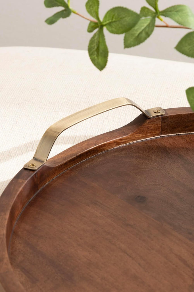 Farson Modern Decorative Wood Round Ottoman Tray with Handles, 18 Inch Diameter, Walnut Brown and Antique Brass