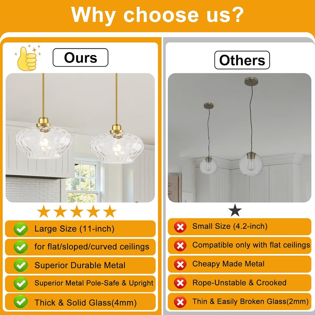 Pendant Lights Kitchen Island, Brushed Gold Pendant Light Fixtures with 11" Clear Hammered Glass Shade, Modern
