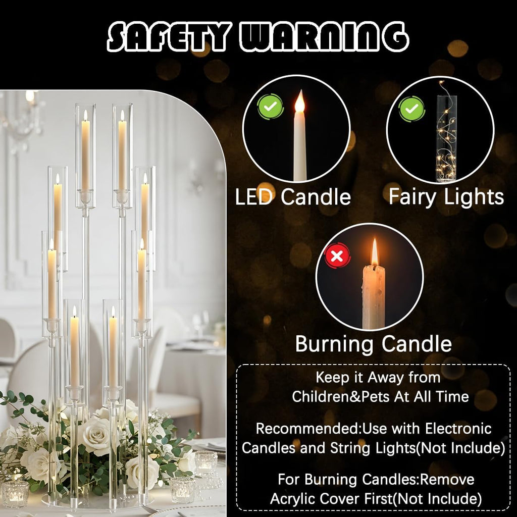 4PCS 8 Arms Clear Candelabra Candle Holder,38.5 inches Tall Arcylic Candlesticks Holder with Shade for Table Dinner