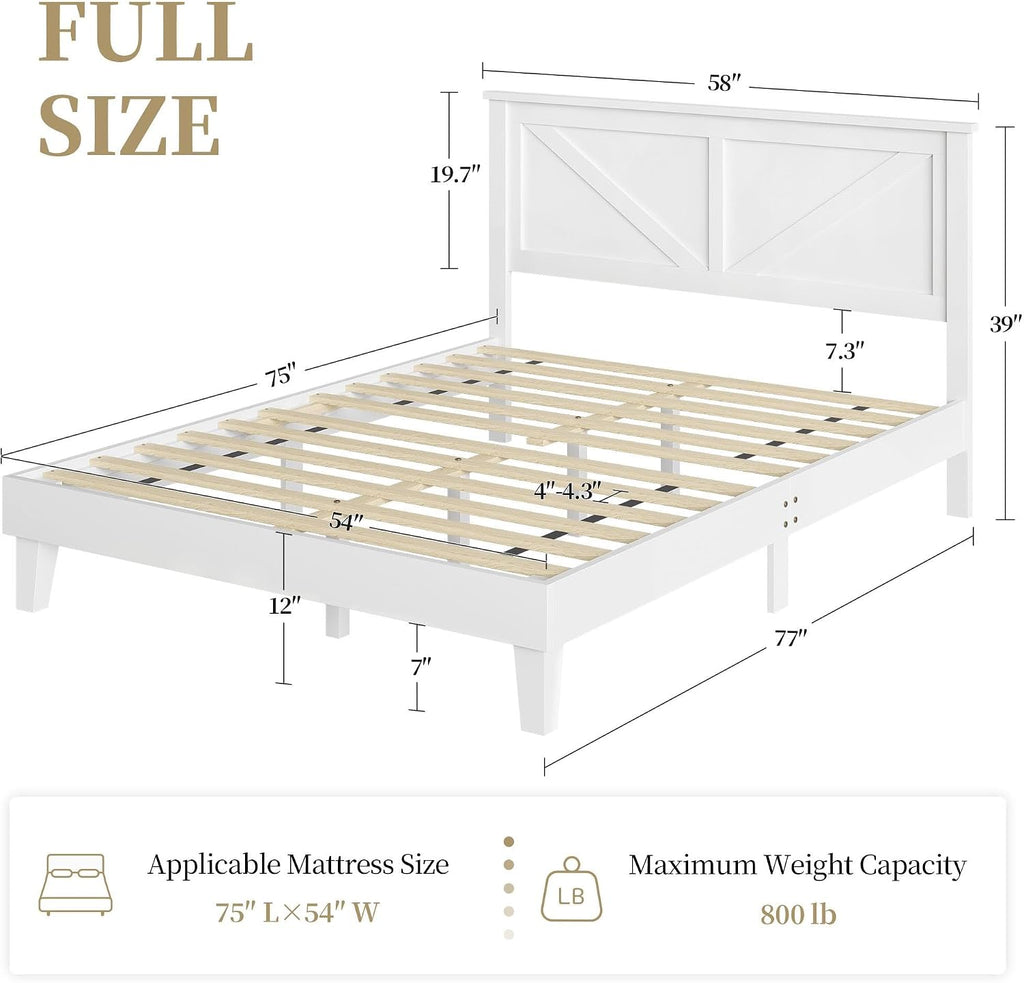 Full Bed Frame Wood Bed Platform with Headboard Solid Slat Support No Box Spring Needed Noise-Free Easy Assembly