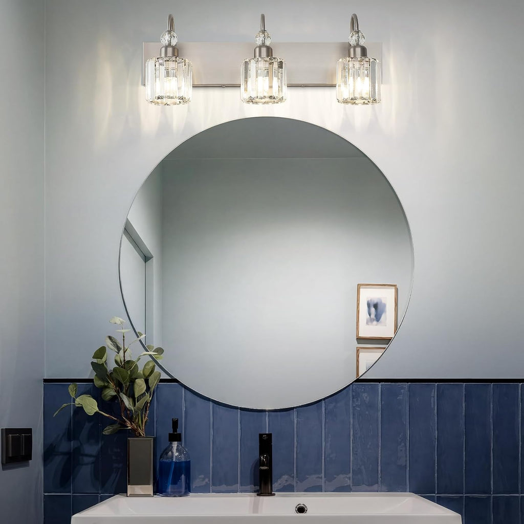 Brushed Nickel Vanity Light Crystal 3-Light Modern Bathroom Light Fixtures
