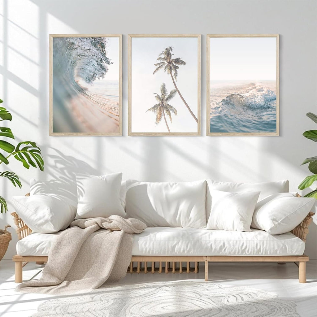 Beach Wall Art Decor Coastal Ocean Poster Palm Tree Canvas Wall Decor Beachy Room Aesthetic Pictures Blue Waves
