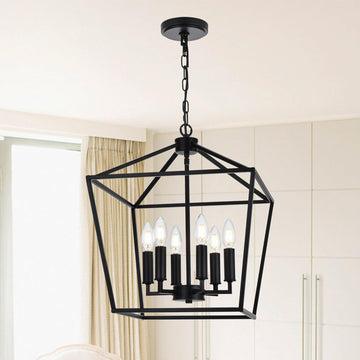 6-Light Black Farmhouse Chandelier 16 Inches Cage Hanging Lights Rustic Lantern Pendant Lighting for Kitchen Island Dining Room Foyer Hallway, E12 Base