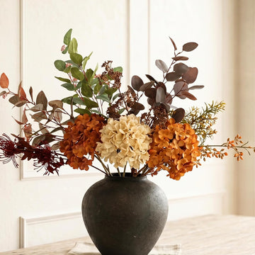 Faux Arrangement - Burnt Orange Hydrangea & Eucalyptus Stems, Fall Centerpieces for Tables, Large Floral Arrangement