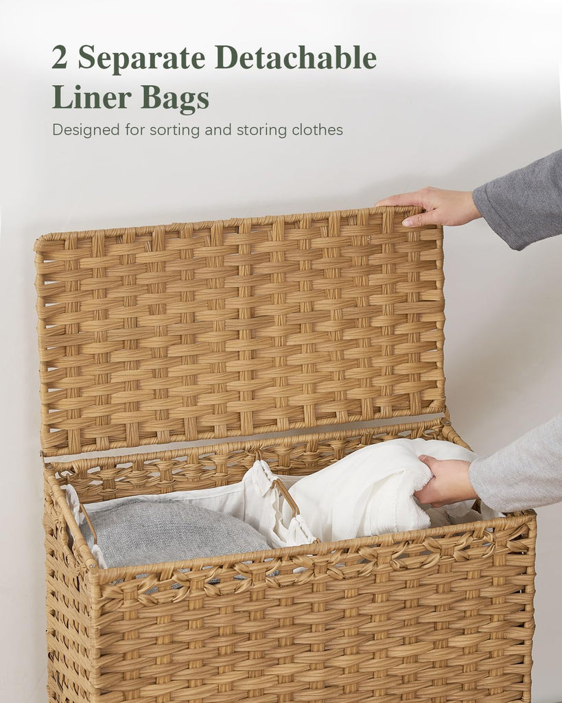 Laundry Hamper with Lid, 112 L Handwoven Rattan Wicker Laundry Basket, 2 Removable Liner Bags Metal Heightened Feet