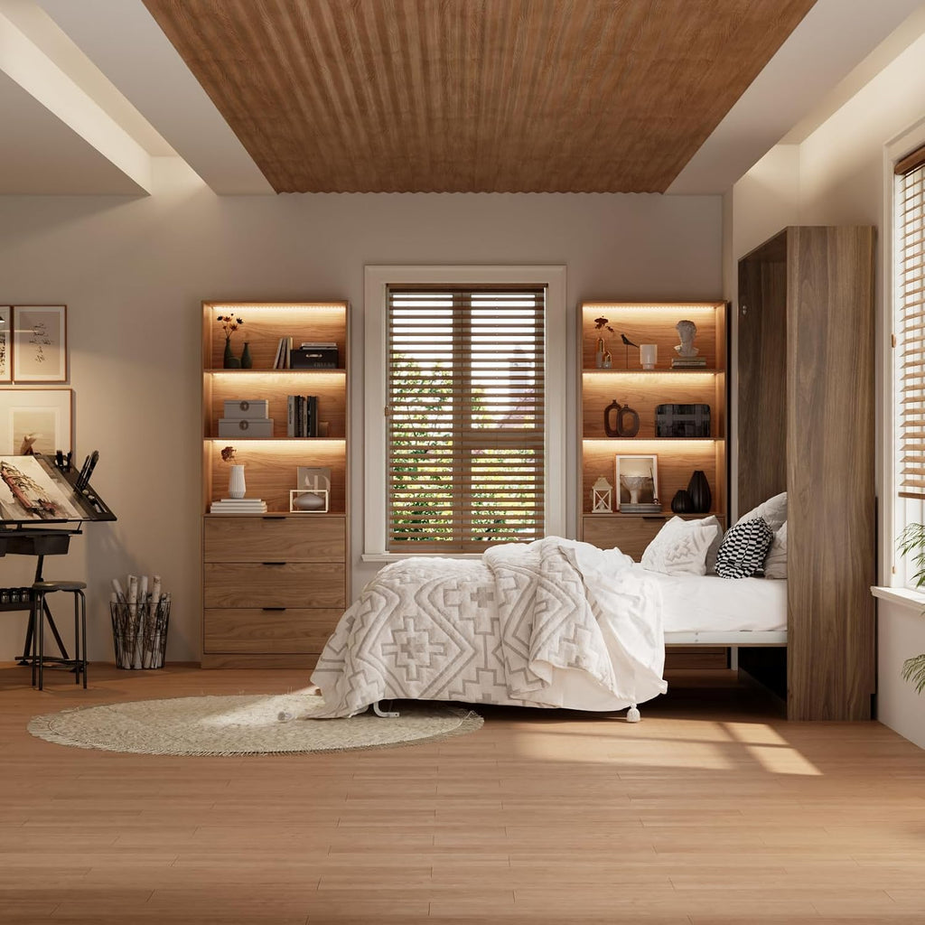 Queen Murphy Bed,Farmhouse Guest Beds,Folding Wall Bed with Hydraulic Bar,64" W Twin Murphy Beds with 2 LED Storage