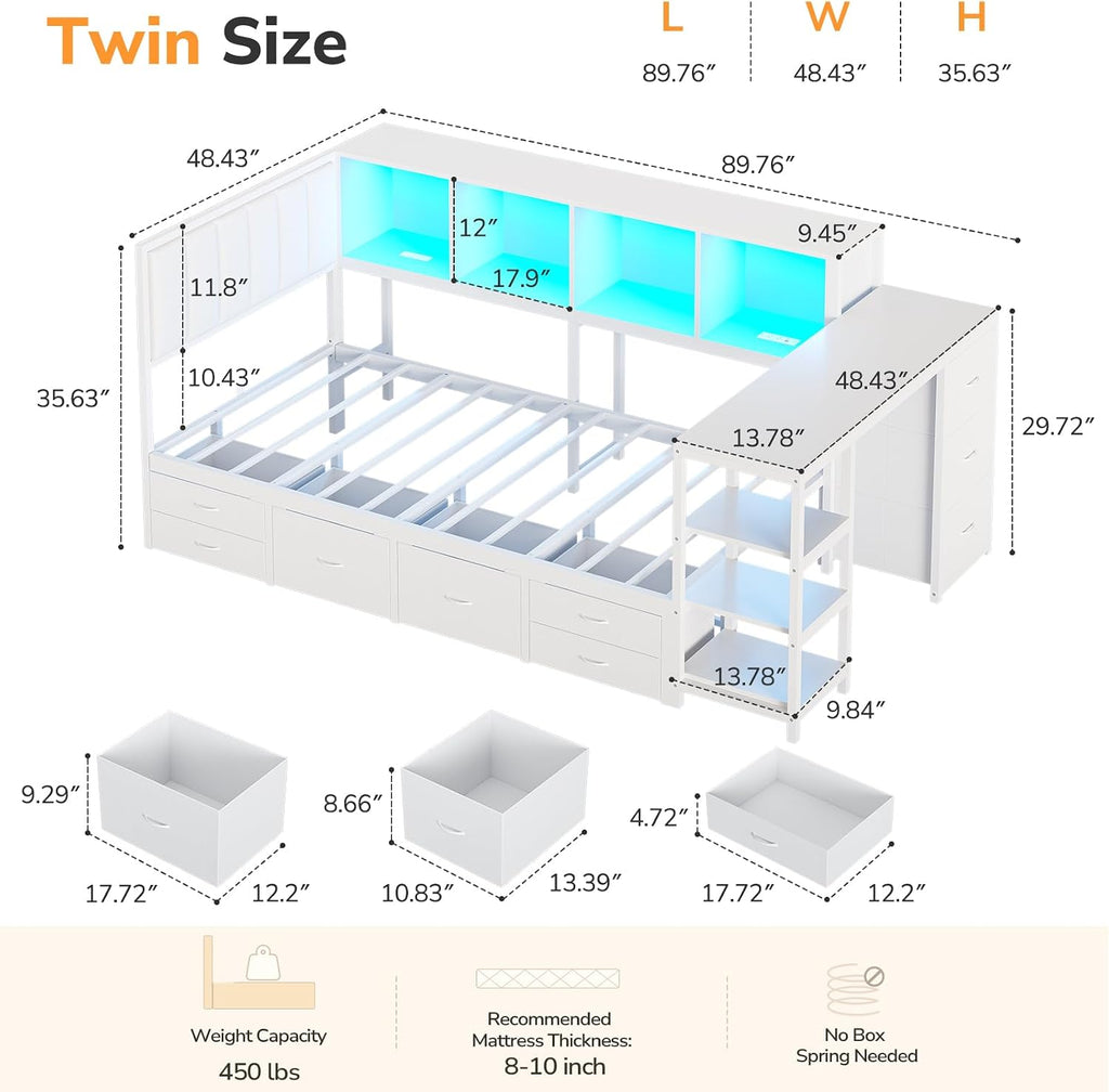 Corner Twin Bed Frame with Desk, 9 Storage Drawers and Bookcase, Twin Size Platform Bed Frame with Charging Station