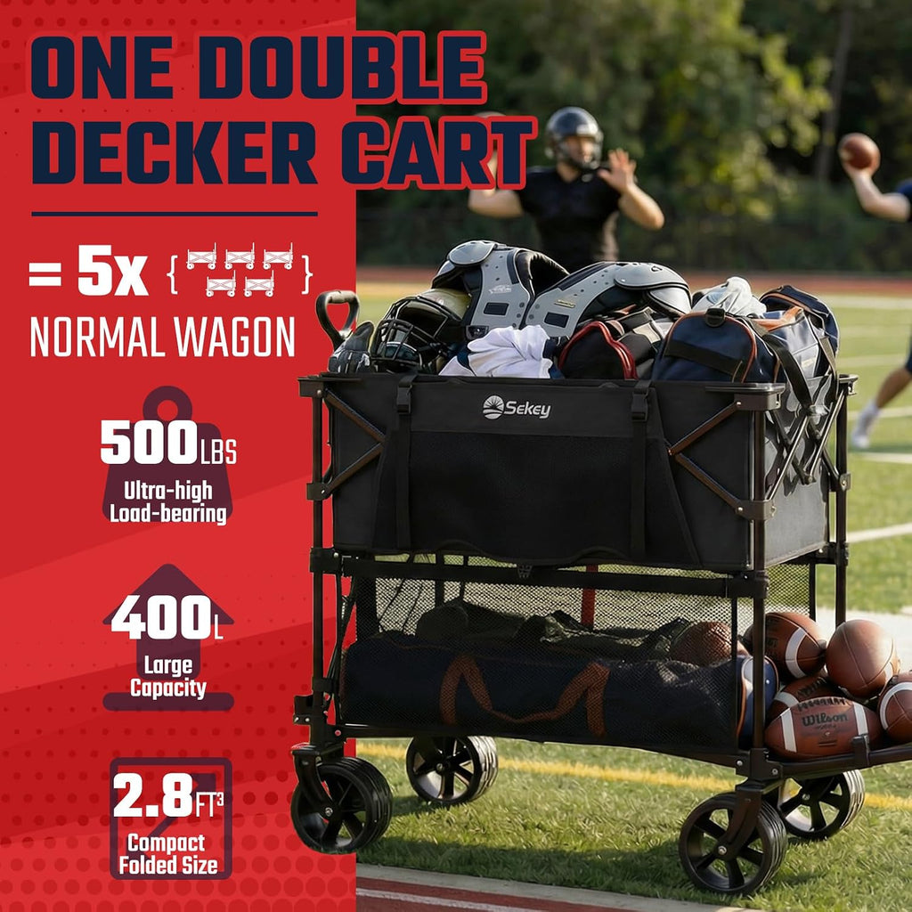 500LBS Heavy Duty Double Decker Wagon with Extender, 400L Large Capacity Collapsible Garden Cart Fits 10x10 Canopy
