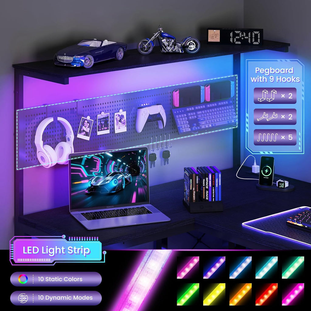 47in L Shaped Gaming Desk with Pegboard & Shelf & Storage Bag, Black | LED Light, Power Outlet, Reversible Gaming