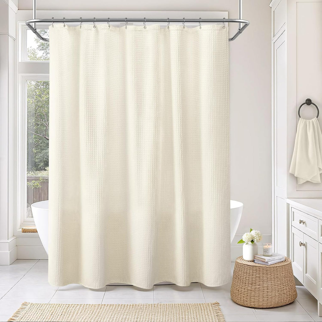 Waffle Weave Shower Curtain - Ivory Cotton Fabric Texture Heavyweight Shower Curtain ,Washable,72Wx72L