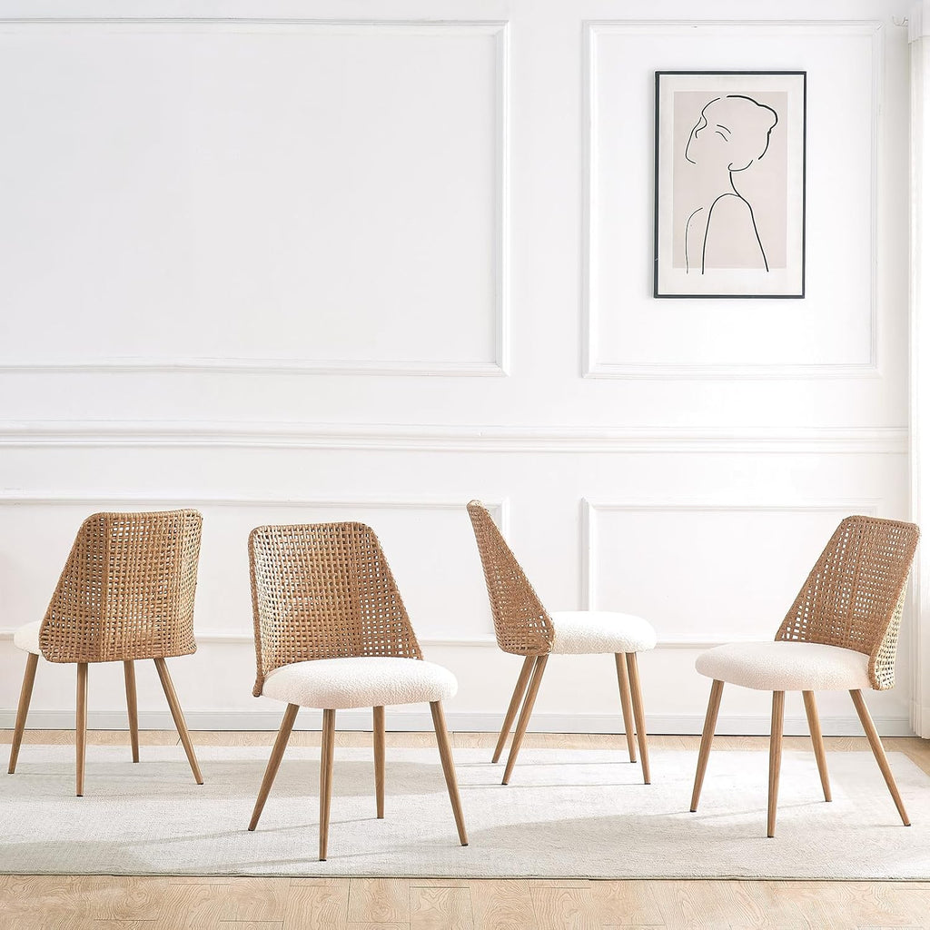 Rattan Dining Chairs Set of 4, Rattan Dining Chairs with Cane PE Rattan Backrest,Upholstered Boucle Fabric Dining