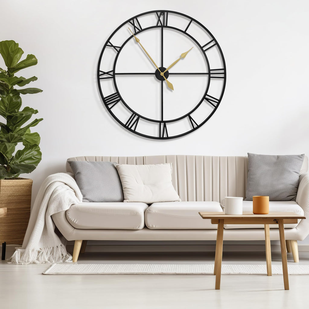 40 Inch Extra Large Modern Wall Clock, Oversize Rustic Round Nearly Silent Battery Operated, Black Metal Roman
