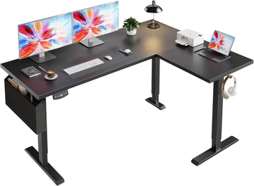 63" L Shaped Standing Desk, Height Adjustable, LED, Memory Presets | Reversible, Ergonomic Sit to Stand Computer Desk