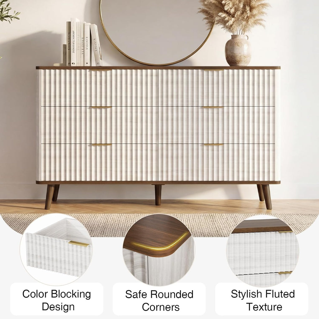 Fluted 6 Drawers Dresser, 47" Wide Wooden Chest of Drawers, Modern Mid Century Storage Closet Long Large Dresser
