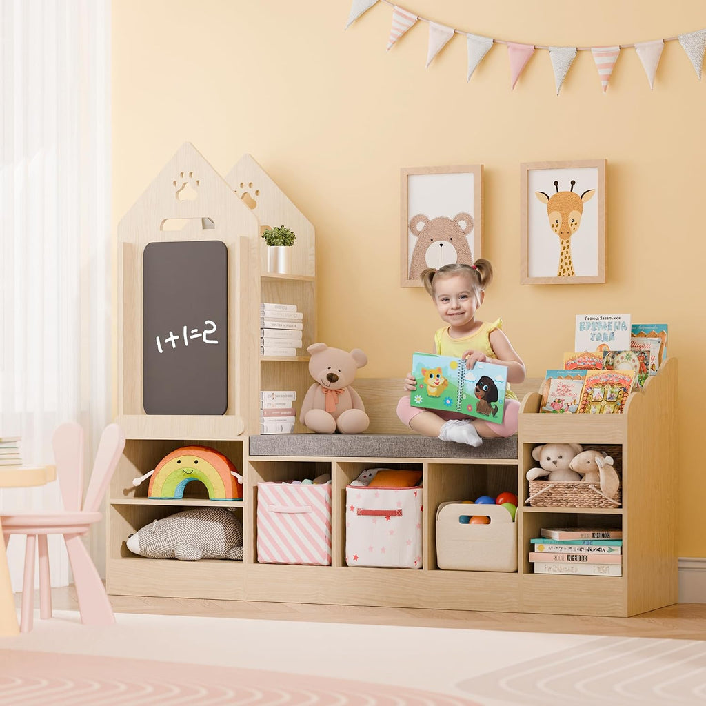 Kids Bookshelf with Reading Nook, Wooden Toy Storage Organizer with Chalkboard and Bench, Kids Reading Nook for