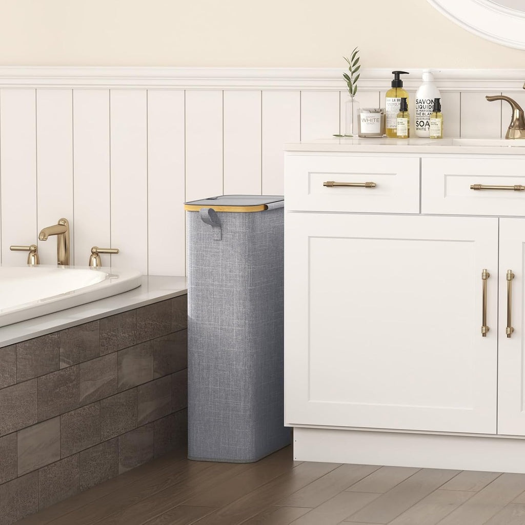 65L Slim Laundry Hamper with Lid, Narrow Laundry Basket with Removable Bag & Bamboo Handles, Fodable Thin Dirty
