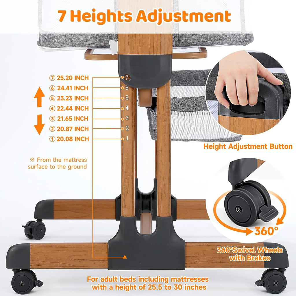 3-in-1 Baby Bassinet, Rocking Baby Bassinets Bedside Sleeper, Adjustable Portable Crib for Newborn Infant with Wheels
