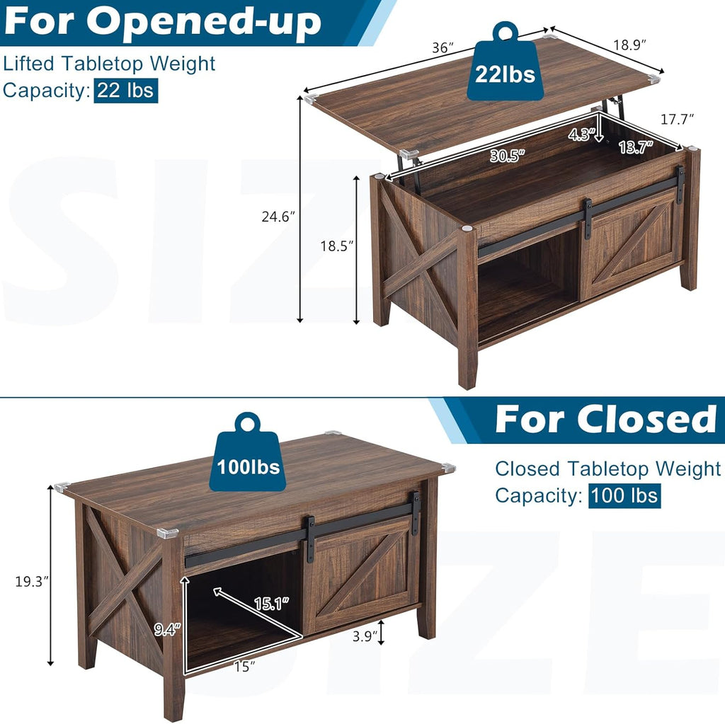 Farmhouse Lift Top Coffee Table, Rustic Grey with Storage Shelf/Hidden Compartment, Mesa De Centro para Sala