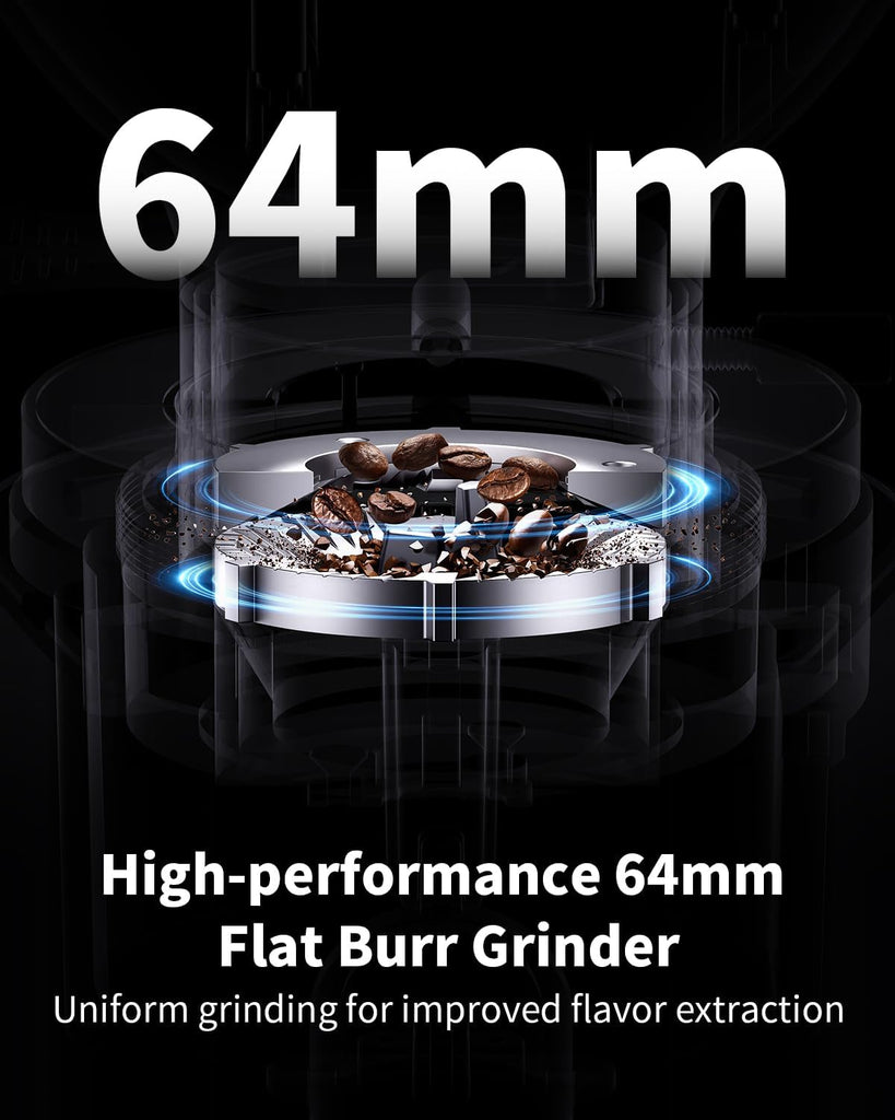 64mm Flat Burr Coffee Grinder, 100 Settings, Anti-Static, Black
