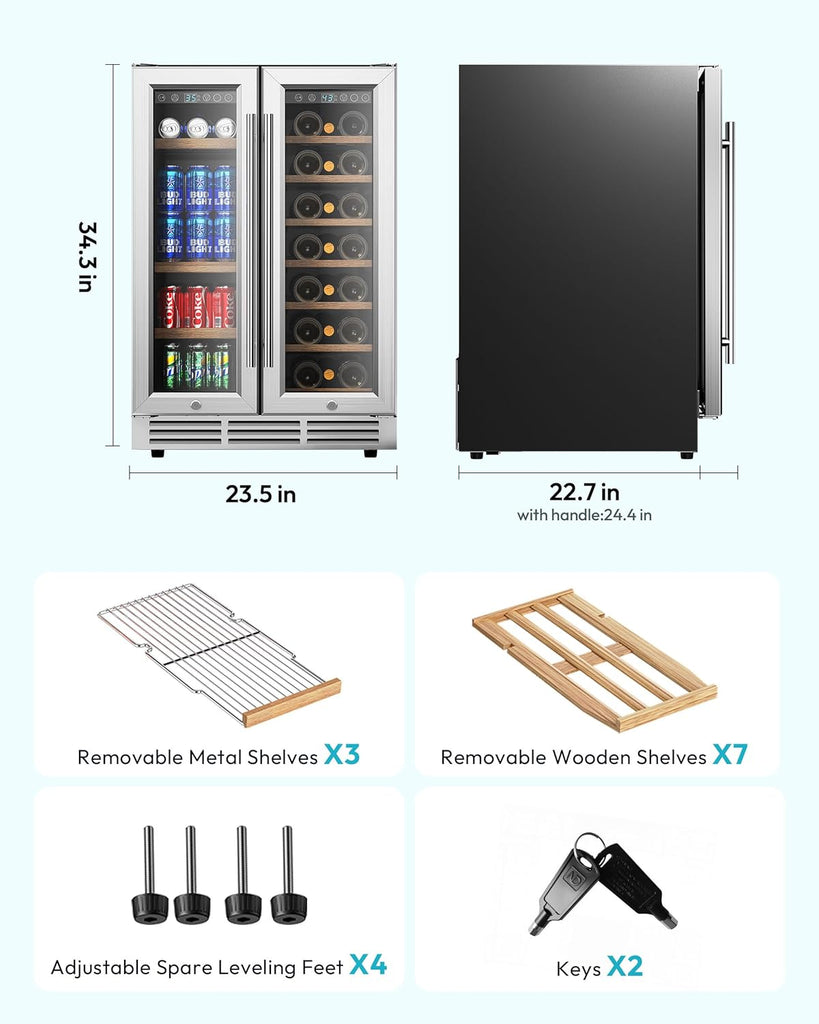 Wine and Beverage Refrigerator, 24 Inch Dual Zone Wine Cooler with Glass Door Ho