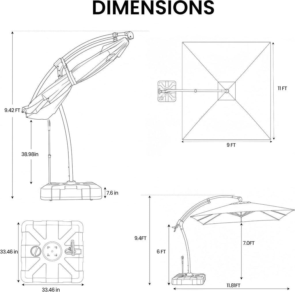 9-11FT Offset Cantilever Umbrella with 350LBS Wheeled Base Included | 360-degree adjustment, Aluminum & iron frame - Nav