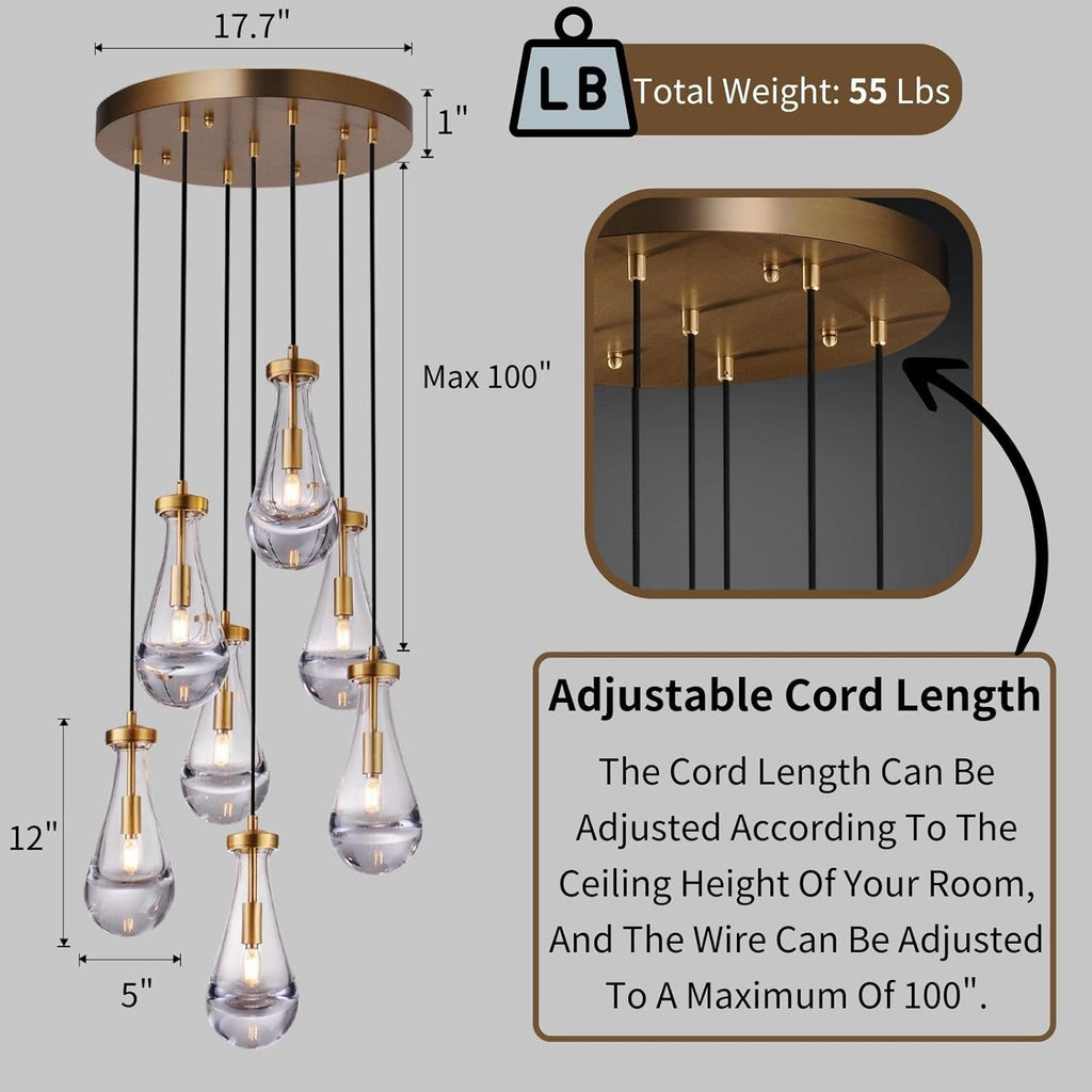 Raindrop Pendant Lights Kitchen Island Teardrop Gold Hanging Light Fixtures Clear Solid Glass Pendant Light Modern Chandeliers for Dining Room Porch Corridor Living Room (7-Light)