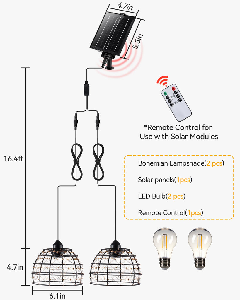 Solar Pendant Light Indoor Outdoor 4/6/8H Timer Set of 2 Remote