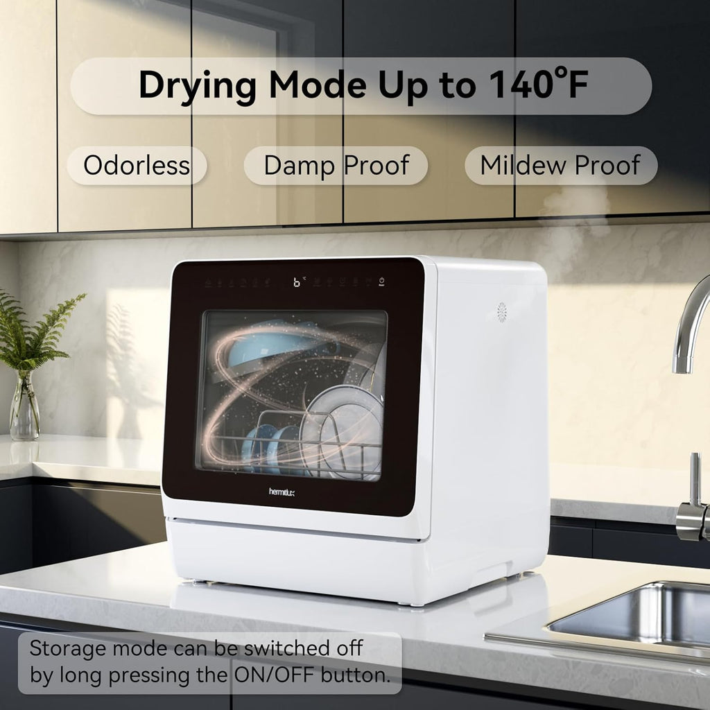 Countertop Dishwasher, 7 Washing Programs Portable Mini Dishwasher with 5-Liter Built-in Water Tank for Apartments & RVs, LED Light, Glass Door, No Hookup Needed