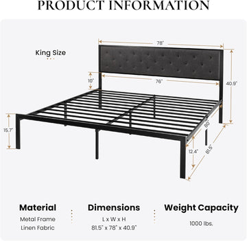 King Metal Platform Bed Frame,Linen Upholstered Button Tufted Headboard