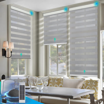 Motorized Zebra Blinds, Solar Powered Dual Layer Automatic Shades with Remote Control, Rechargeable Smart Blinds