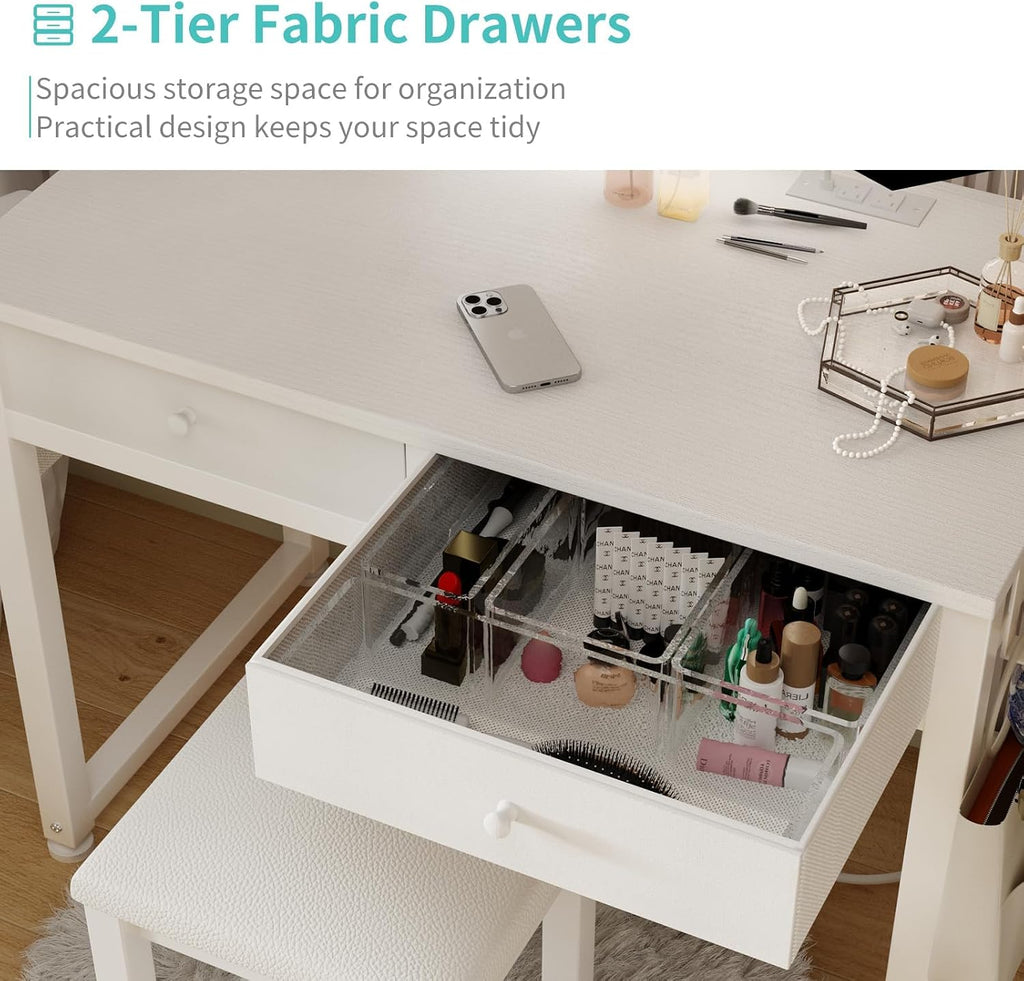 Small Makeup Vanity Desk with Fabric Drawers, 32 inch White Vanity Desks with Mirror and Light, Dressing Table and