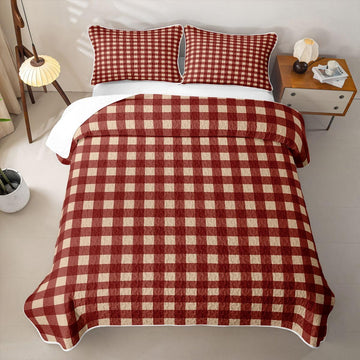 Square Gingham Quilted Bedspread Set, Retro Burgundy Red Beige Plaid Microfiber Lightweight, Neutral Farmhouse Check