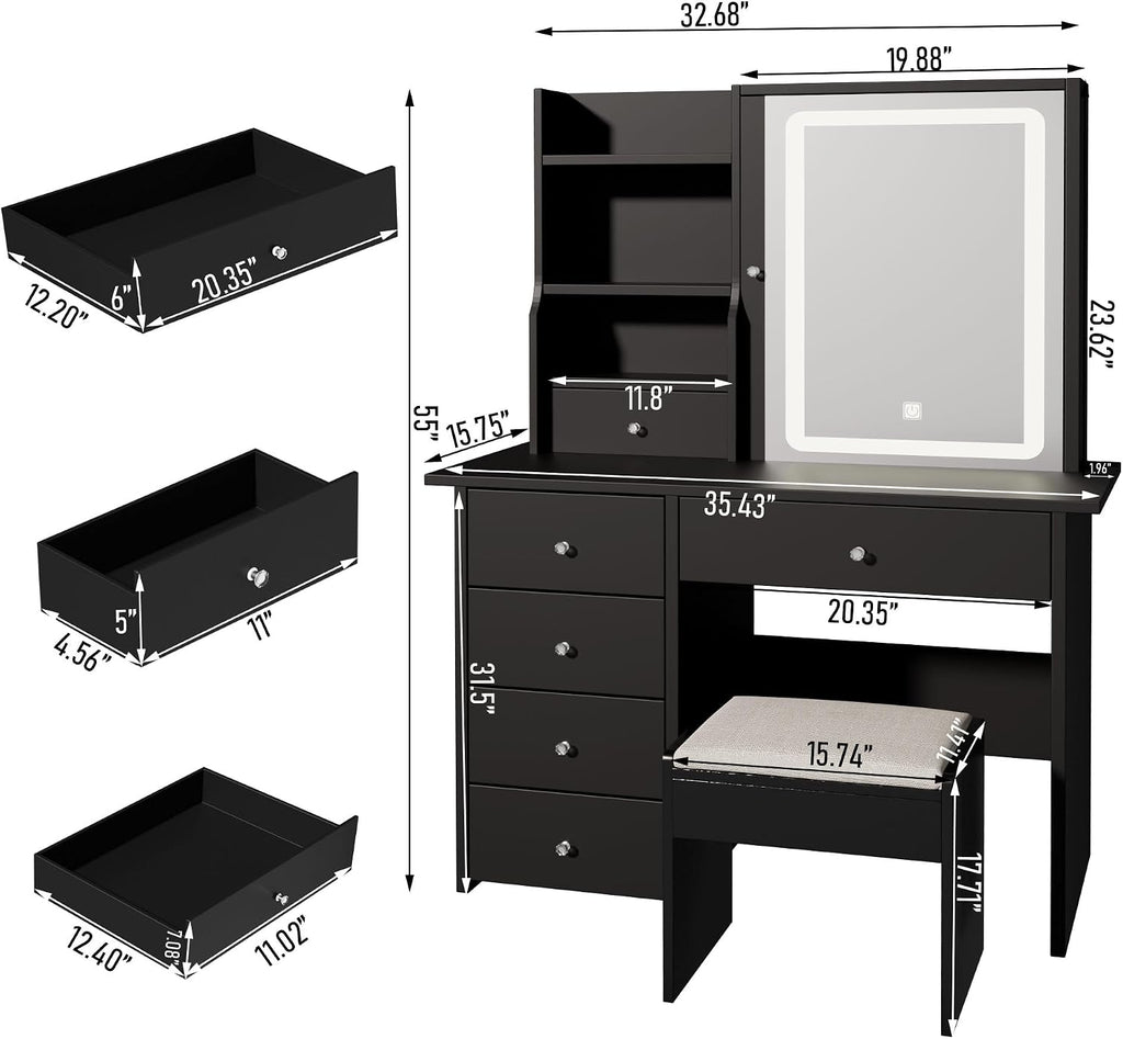 Vanity Desk with Mirror and LED Lights, Makeup Vanity Set with Power Outlet, and Stool,Jewelry Storage,Black Vanity