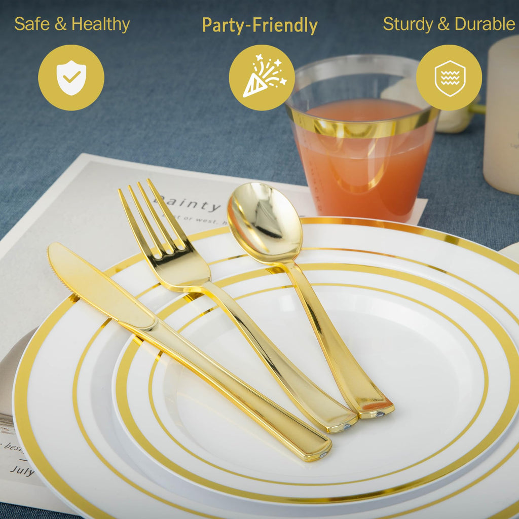 White and Gold Plastic Plates, Disposable Dinnerware Set