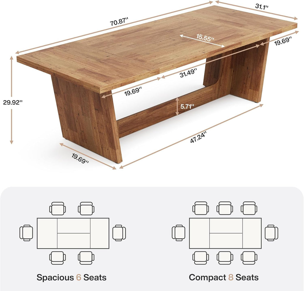 70.87-Inch Large Dining Table: Wood Long Dining Room Table for 6-8, Rectangular Farmhouse Kitchen Dinner Table with Solid Pedestal, Yellow Brown